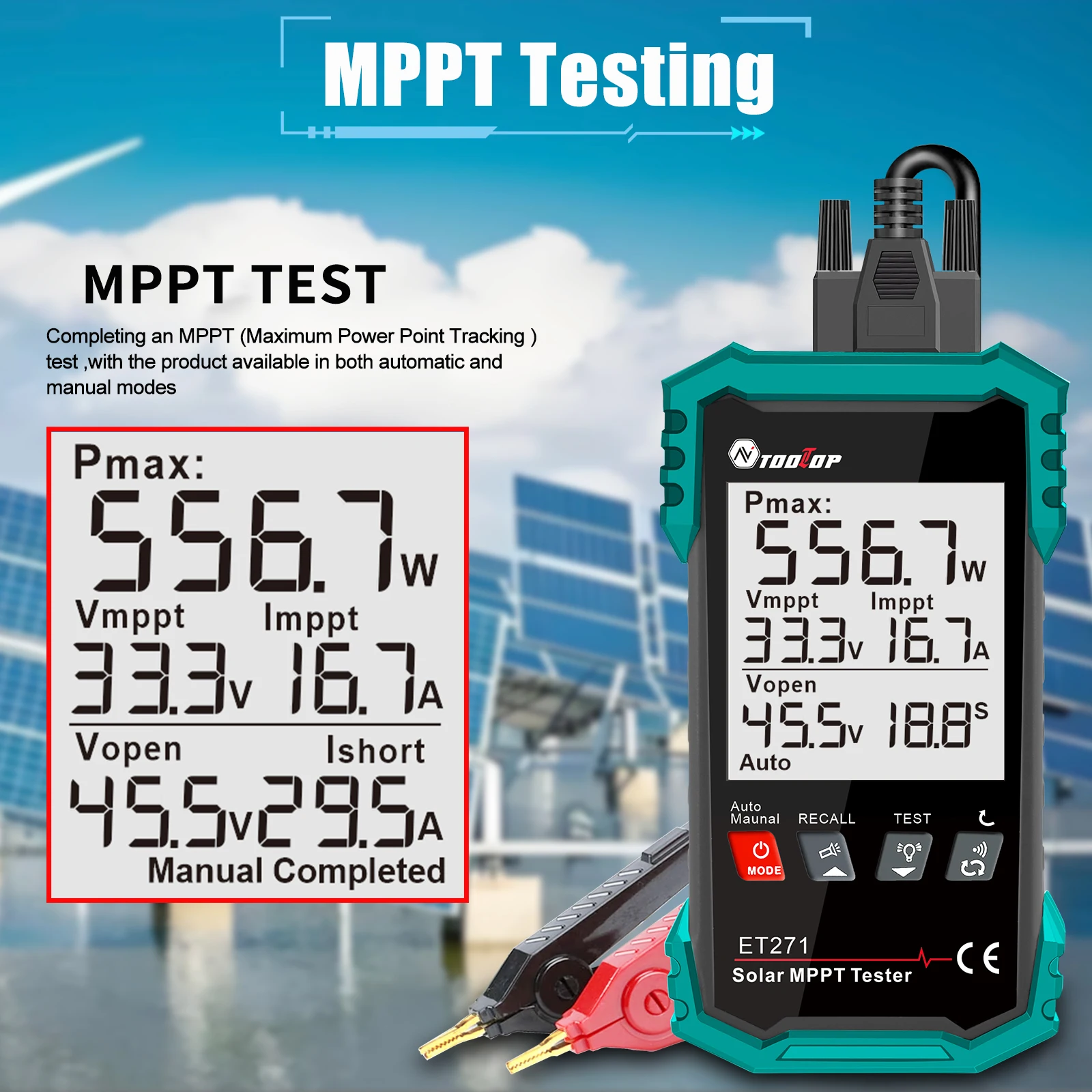 TOOLTOP ET271 2000W Solar Power Tester MPPT 3.2-Inch Screen Photovoltaic Meter Voltage Current Test Overvoltage Protection funct