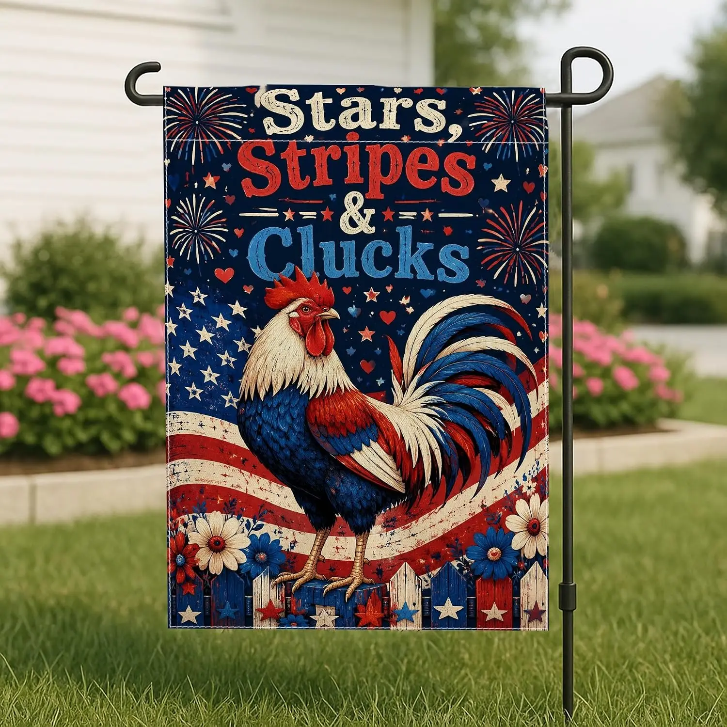 Rooster Garden Flag, Patriotic Rustic Stars Stripes Fourth of July Red Burlap Double Sided Small Garden Yard Flag for Outdoo kkz