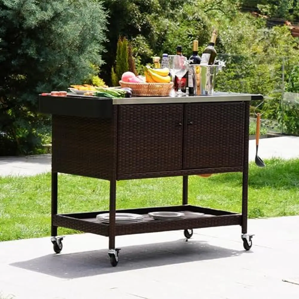 

Outdoor Bar Cart Stainless Steel Top Storage Cabinet 4 Hooks Portable Grill Island Wicker Table Patio BBQ Beverage Serving Shelf