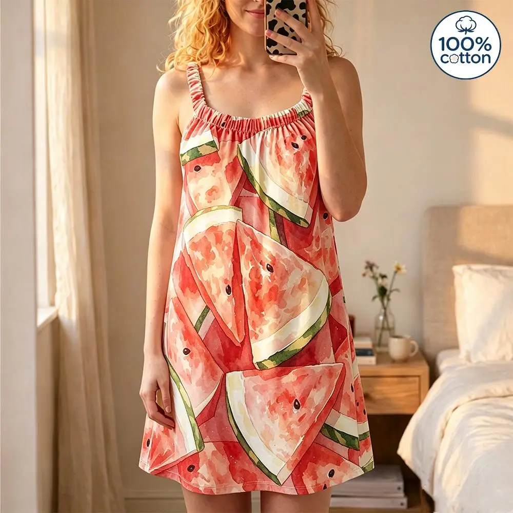 Women's 100% Cotton Watermelon Fruit Print Sleeveless Slip Nightdress Casual Soft Breathable Ladies Homewear Loose Mini Dress