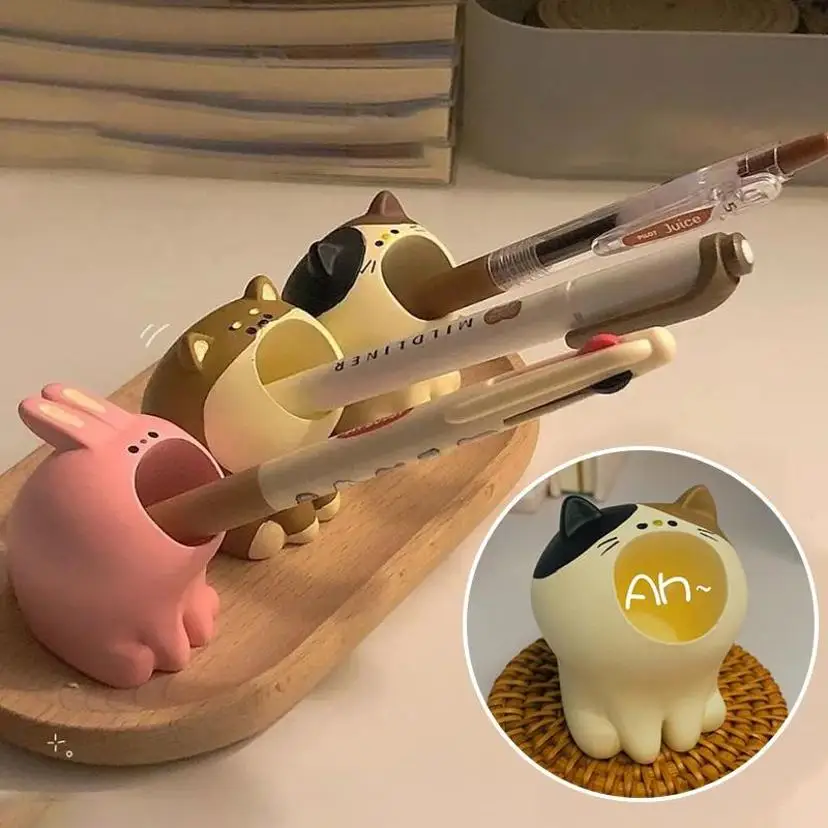 1pcs الراتنج كبير فم قلم حامل الكرتون الكلب القطة مستحضرات التجميل فرشاة حامل سطح المكتب منظم ورقة مقطع مكتب غرفة سطح المكتب الزخرفات #1