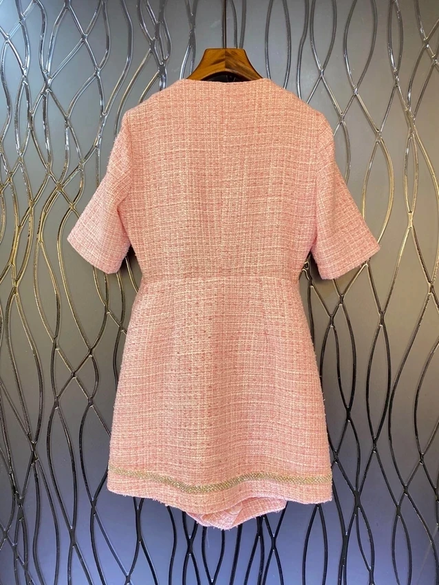 2024 new women's fashion short-sleeved round neck beaded slim-fitting wool celebrity pink dress