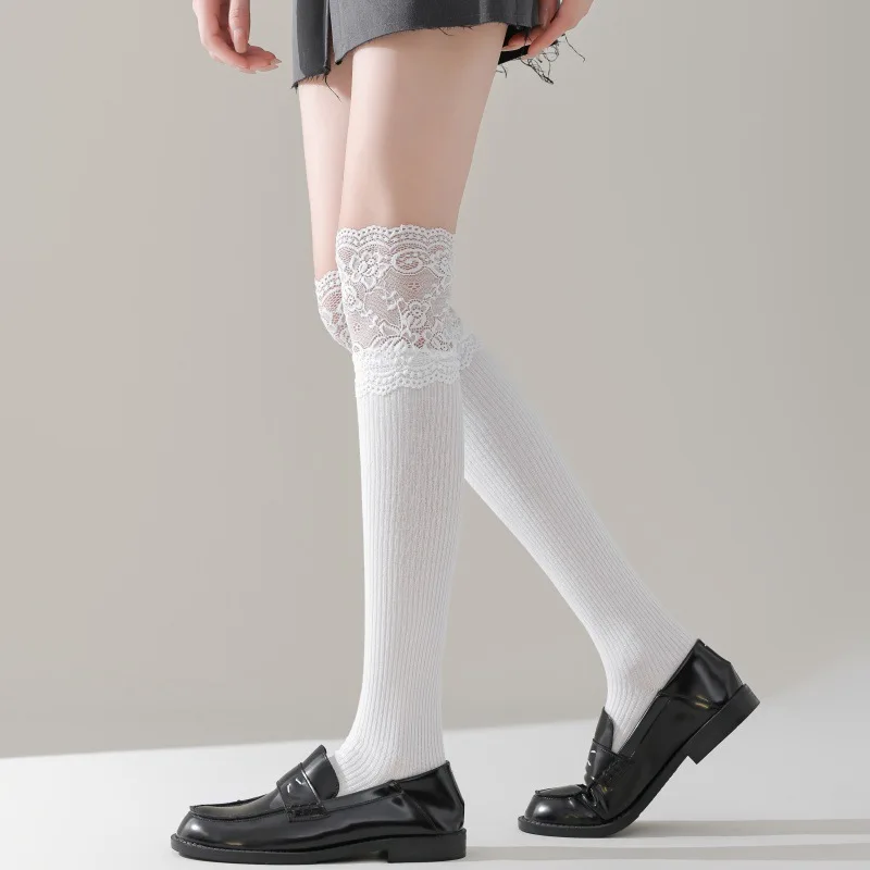Multi Color Lace Top Ribbed Thigh High Stockings Comfort Elastic Long Socks For Women Daily Street Photography Outfit