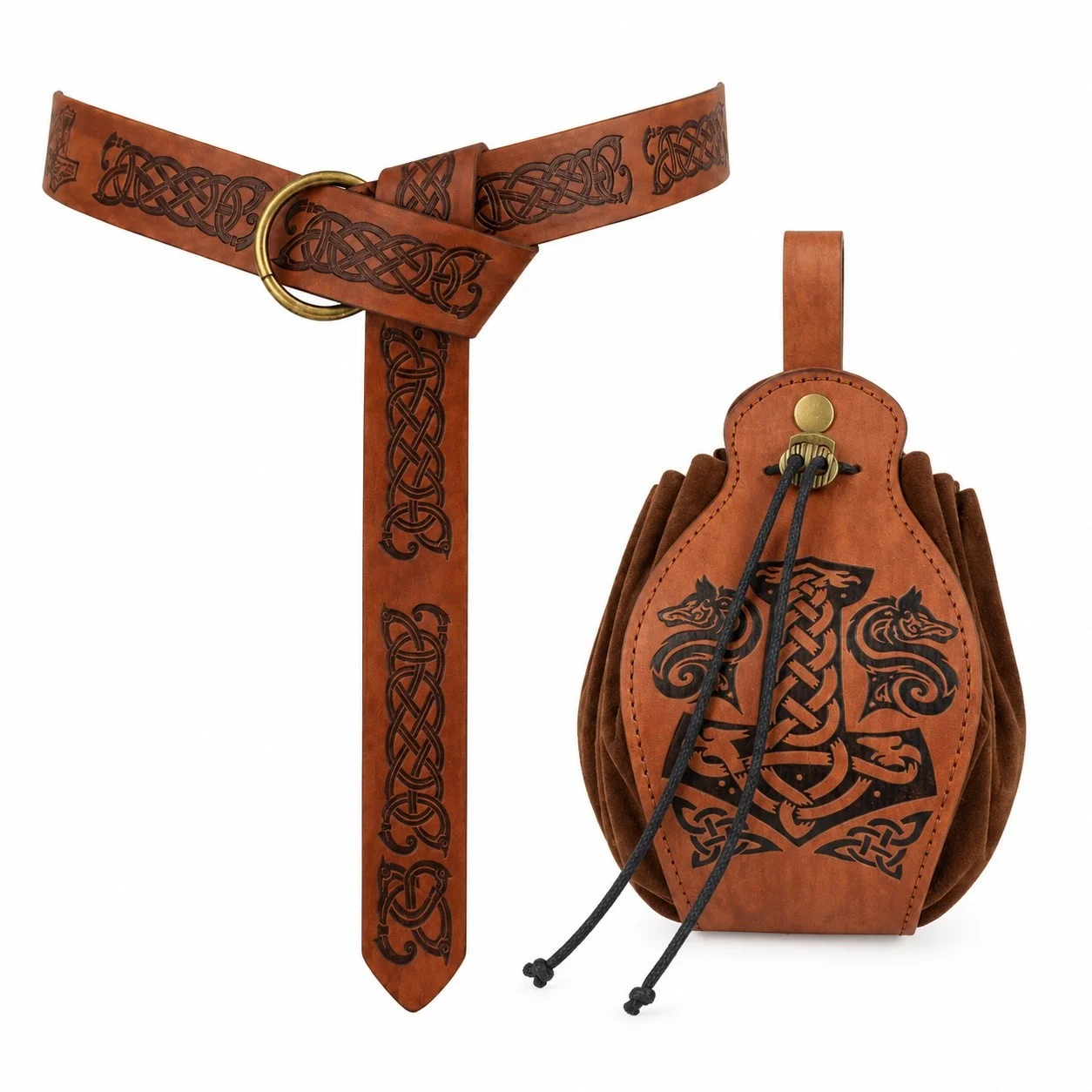 Medieval Viking Belt Faux Leather Pouch Set,Renaissance Embossing Knight Belt Drawstring Dice Bag,LARP Halloween Accessories