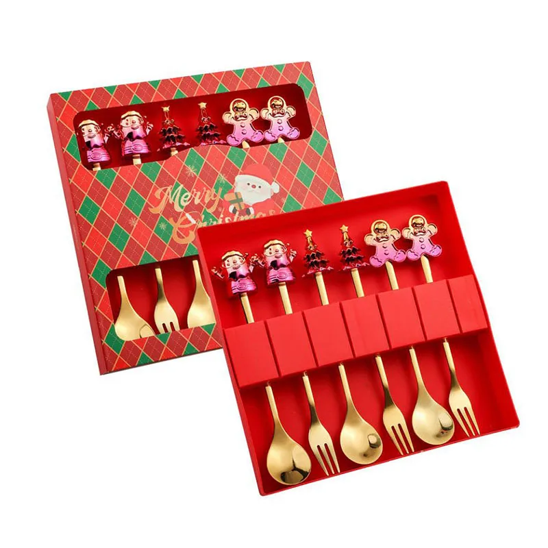 

Christmas Gift Coffee Spoon Fork Set 6pcs Christmas Small Mini Stainless Steel Dessert Honey Ice Cream Cake Tea Spoons Scoop