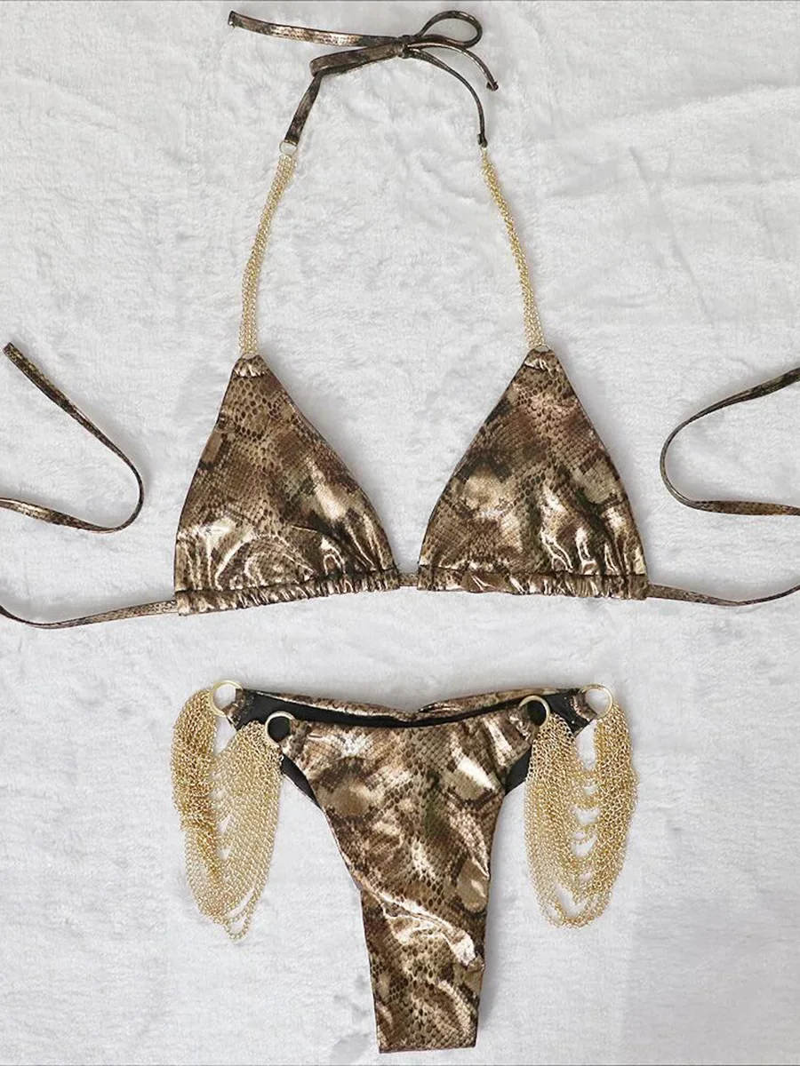 Bikini brasileño de piel de serpiente para mujer, traje de baño de dos piezas con cuello Halter y cadenas de Metal, bañador femenino