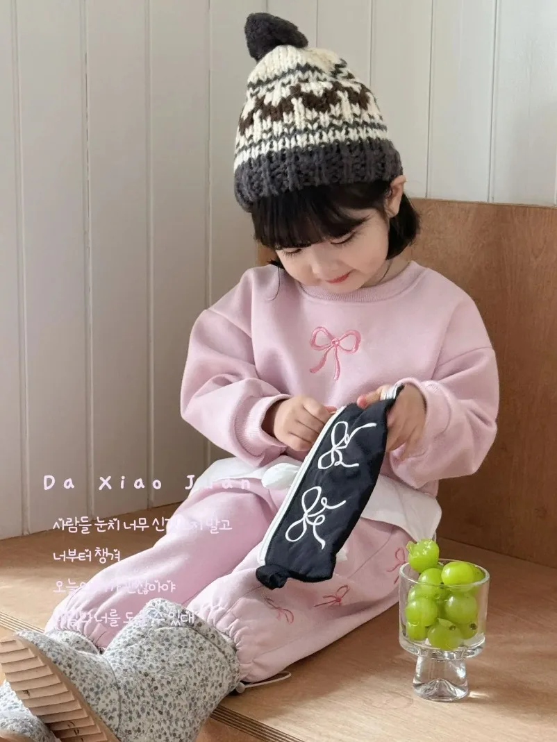 

Childrens Sets Girl Sweater Spring New Fashionable Children Motion Bow Long Sleeves 2024 Spring Autumn Sweet Round Collar