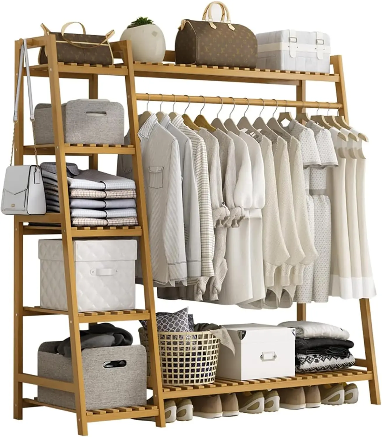 Bamboo Clothing Garment Rack Frame Made of FSC-Certified Wood, 7 Tier Storage Shelf Coat Clothes Hanging Rack, Portable Wardr