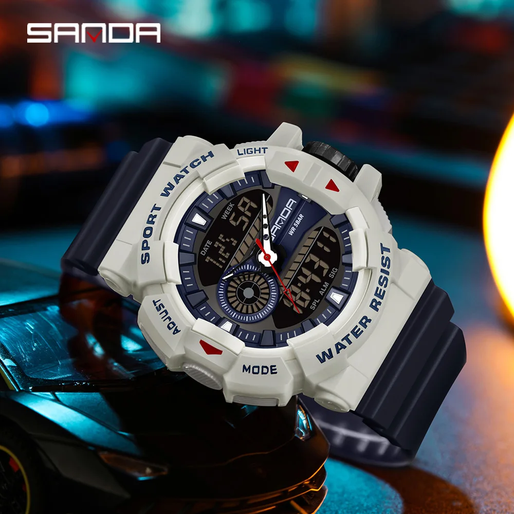 SANDA 3310 Fashion Men's Electronic Watch Military Sports Multi Functional Waterproof LED Dual Display Electronic Watch view 3