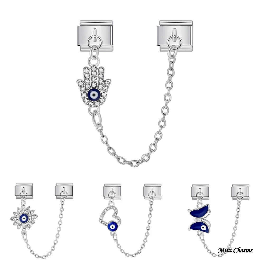 Modischer Schmetterling-Anhänger mit bösen Augen und Hängekette, italienische Charms, passend für 9-mm-Armbänder, Edelstahlschmuck – Detail 1