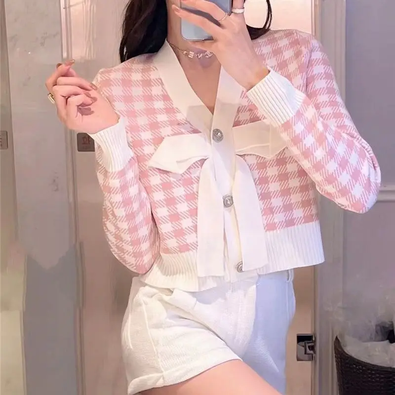 

Women Autumn Winter Elegant Cute Sweet Button Bow Slim Cardigan Women Clothes Temperament Sweater Tops Long Sleeve Knitwear