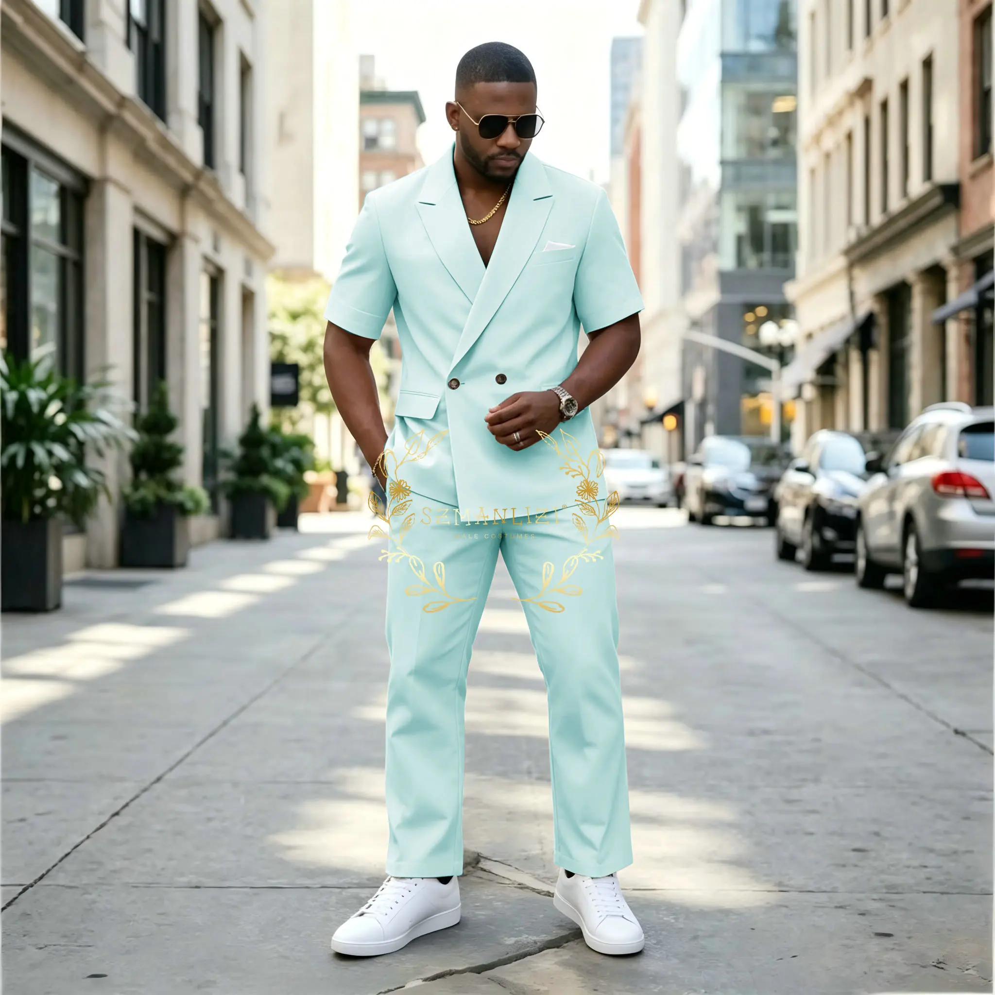 Casual Mint Green Double Breasted Men Suits 2 Pieces (Jacket+Pants) Short Sleeves Outfits Groom Party Prom Wedding Costume Sets
