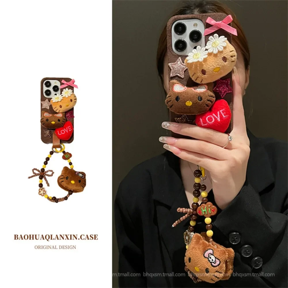 New Cartoon Sanrio Hello Kitty Fall/Winter Vintage Brown Cute Tan for Iphone14pro Apple 15promax Phone Case with Chain