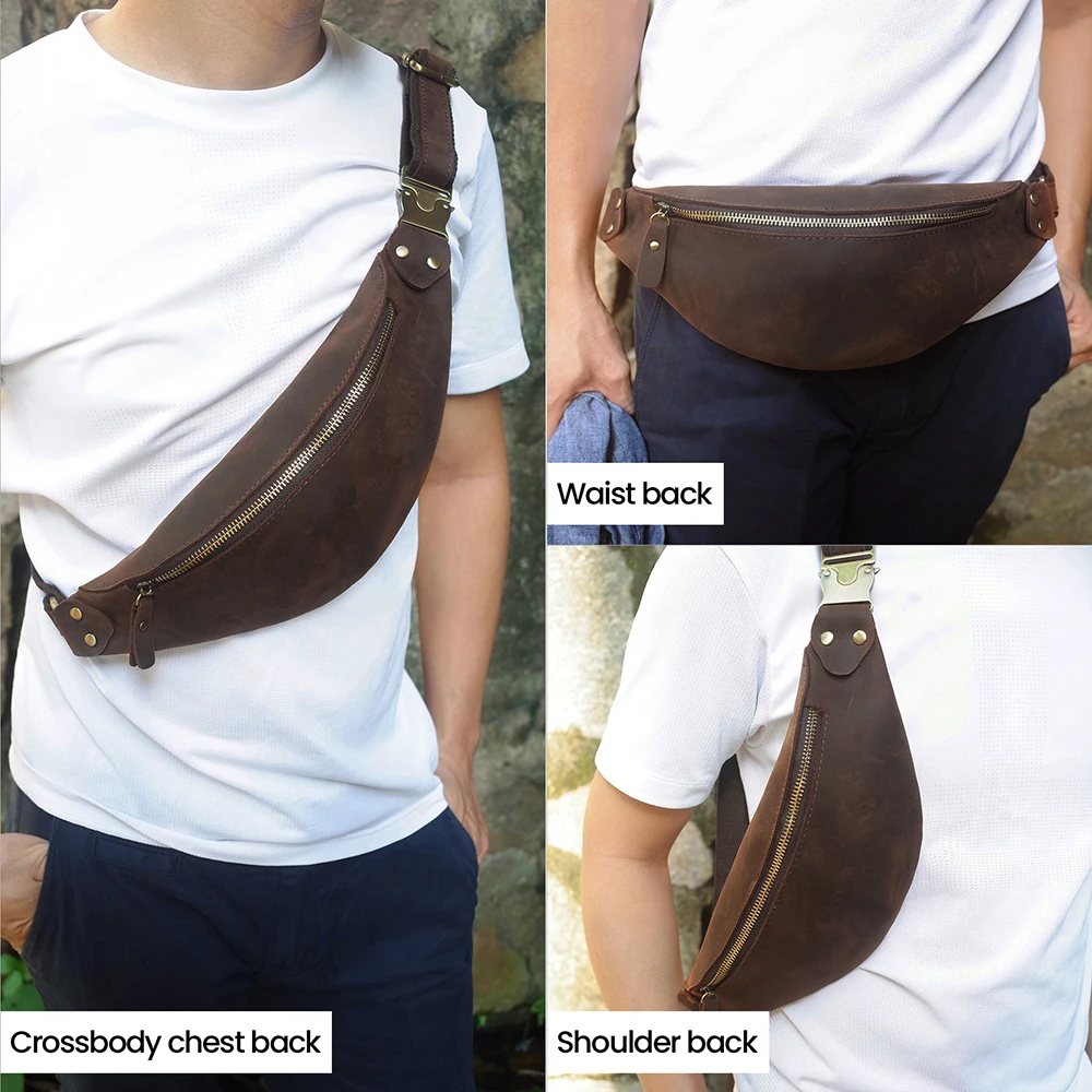 JOGUJOS Genuine Cow Leather Men Chest Bag Vintage Small Fanny Pack Bum Phone Case Sling Pouch Male Travel Waist Bag