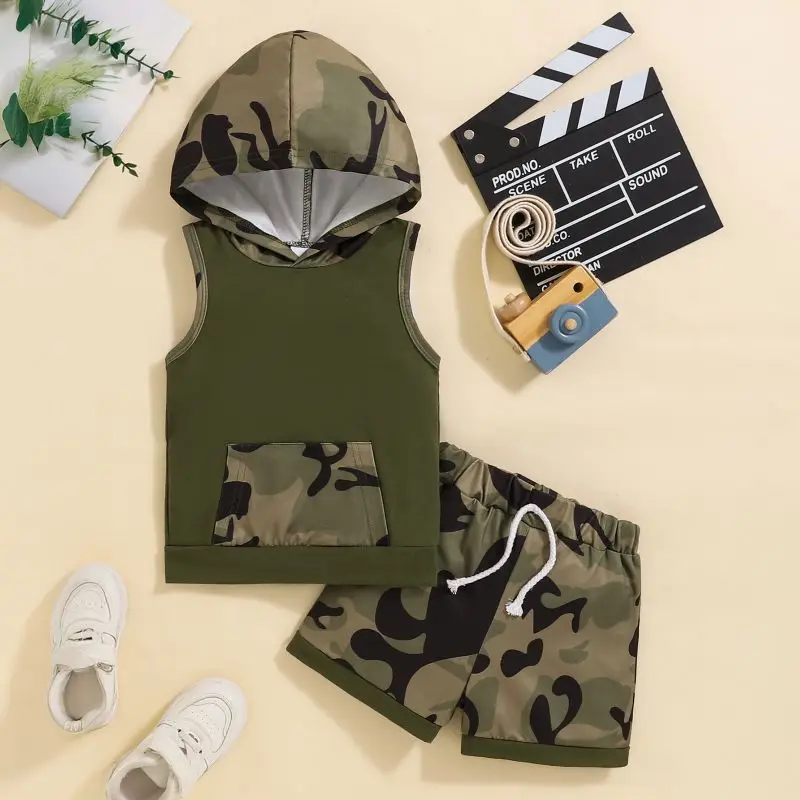 

New Boys Summer Shorts Set Short Sleeve Hooded Top Color Block Cotton Outfit 2 Piece Kids Clothes