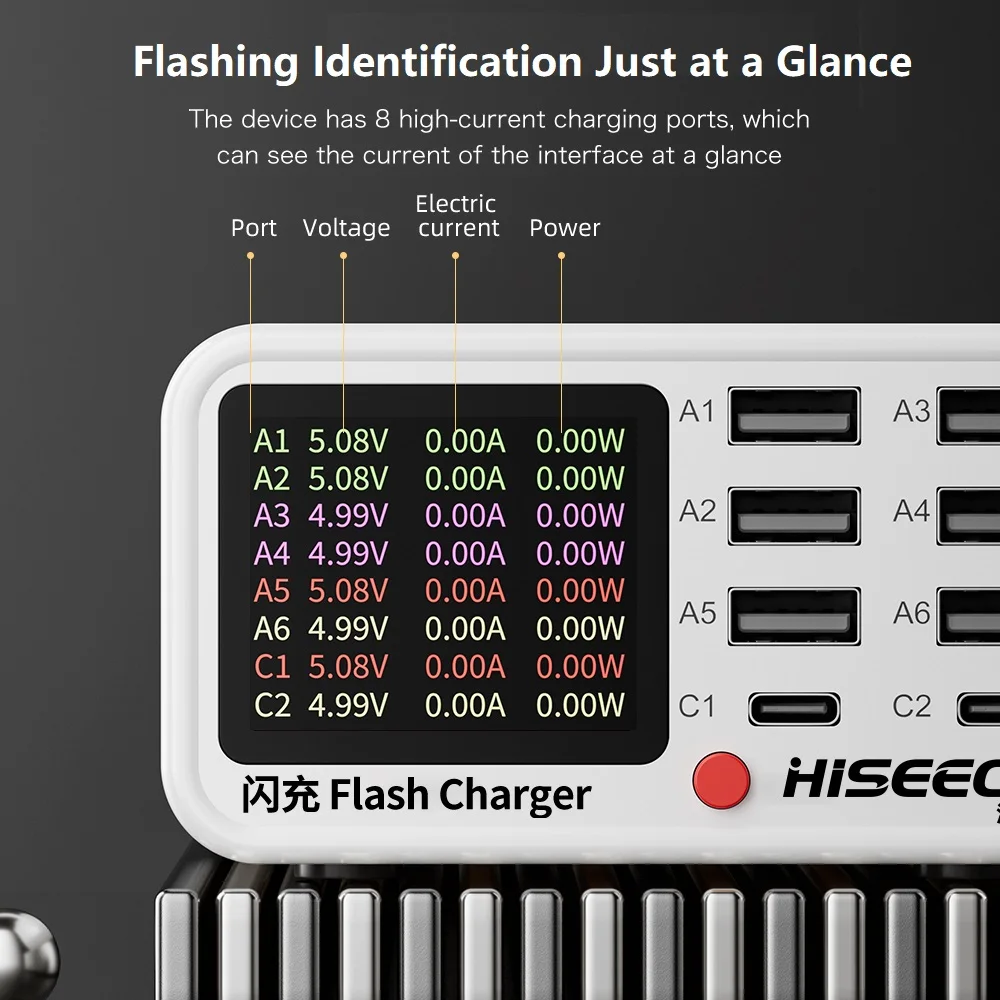 HISEECON HS220 HS65 200W MaAnt Dianba Multi-Port Adapter 8-Port PD 65W Fast Charging Cupports Wireless Charging For iPhone 15