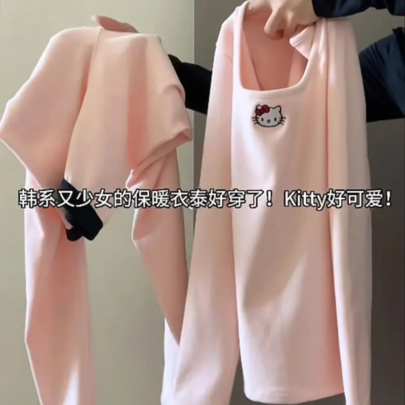 

Хлопковая футболка с длинными рукавами с рисунком «Hello Kitty» Sanrioed, рубашка для отдыха с вышивкой, милые свободные утепленные топы для девочек-студентов