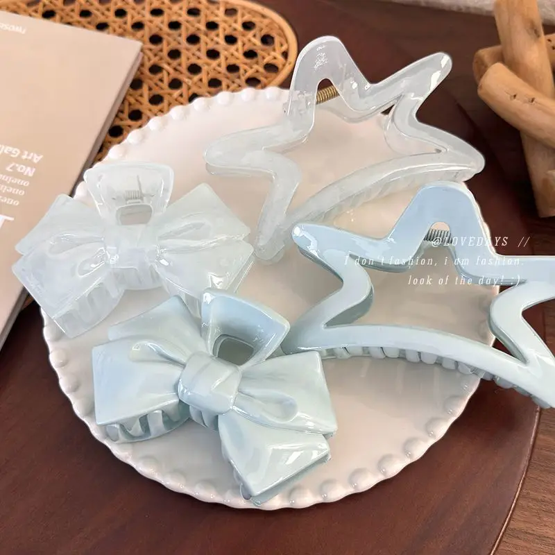 Sweetheart Cream Blue Bow Pentagram Grab Clip Girl Hair Grab Disc Hair Shark Clip