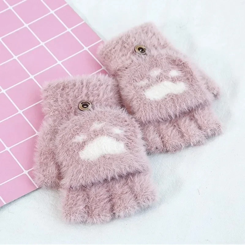 Cat Claw Paw Plush Mittens Thicken Women Warm Cat Gloves Cotton Girls Soft Plush Short Fingerless Half Finger Winter Gloves