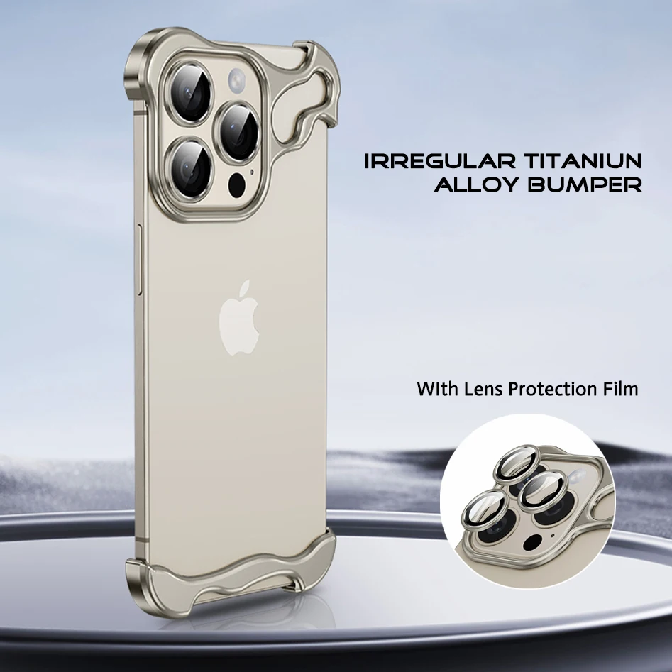 Irregular Titaniun Alloy Bumper Case For iPhone 15 12 13 14 Pro Max Plus With Lens Film Alien Rimless Cover For iPhone 12 ProMax