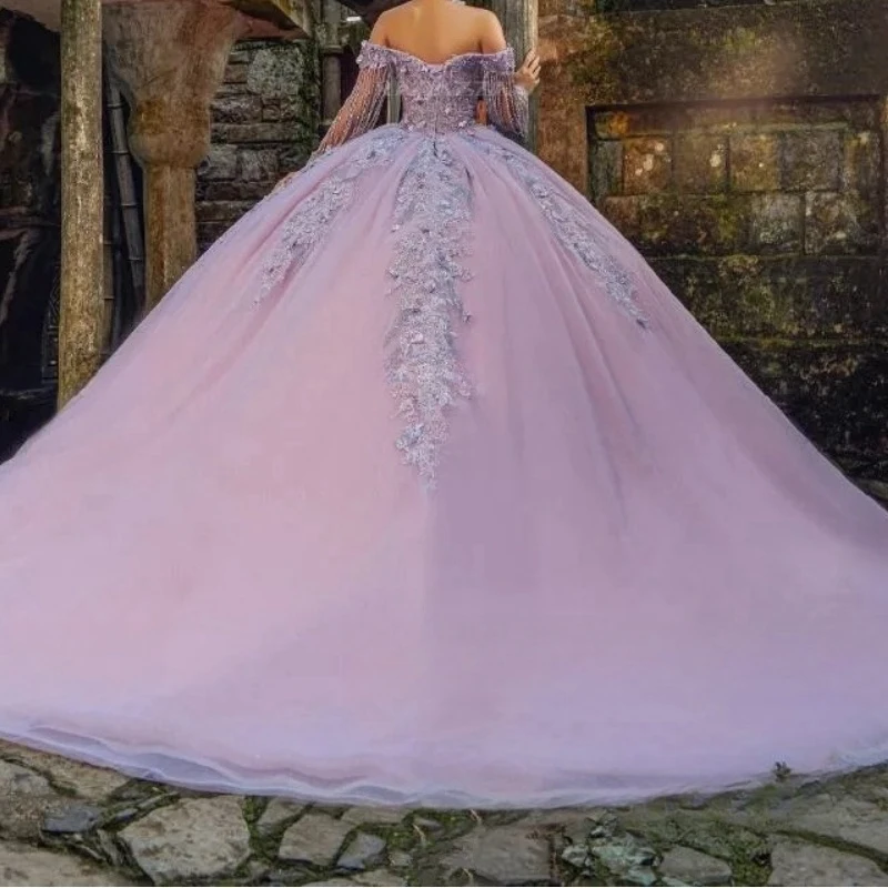 AA95 Customized Lilac Tassel Sleeve Quinceanera Dress Prom Party Crystal Floral Mexican Vestido De Festa De aniversário de 15