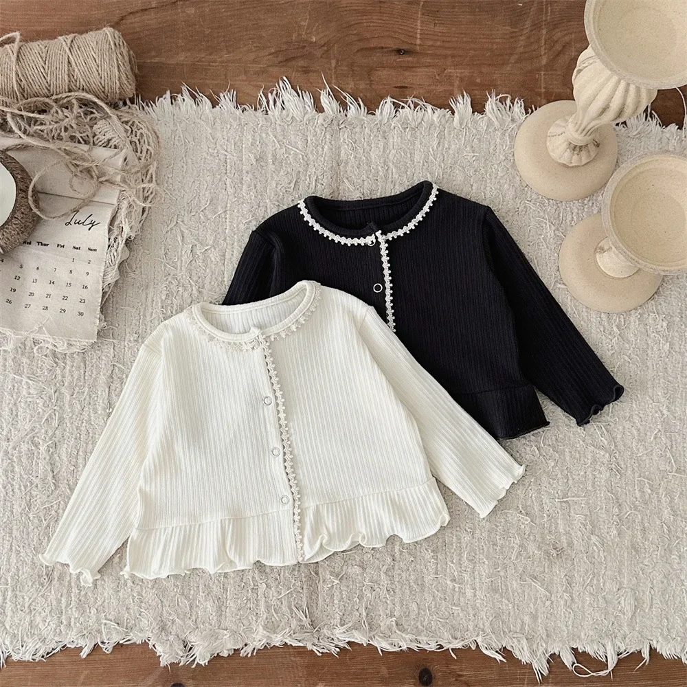 2024 Autumn New Baby Girl Solid Cute Lace Cardigan Infant Toddler Single Breasted Jacket Simple Versatile Tops Girls Cotton Coat