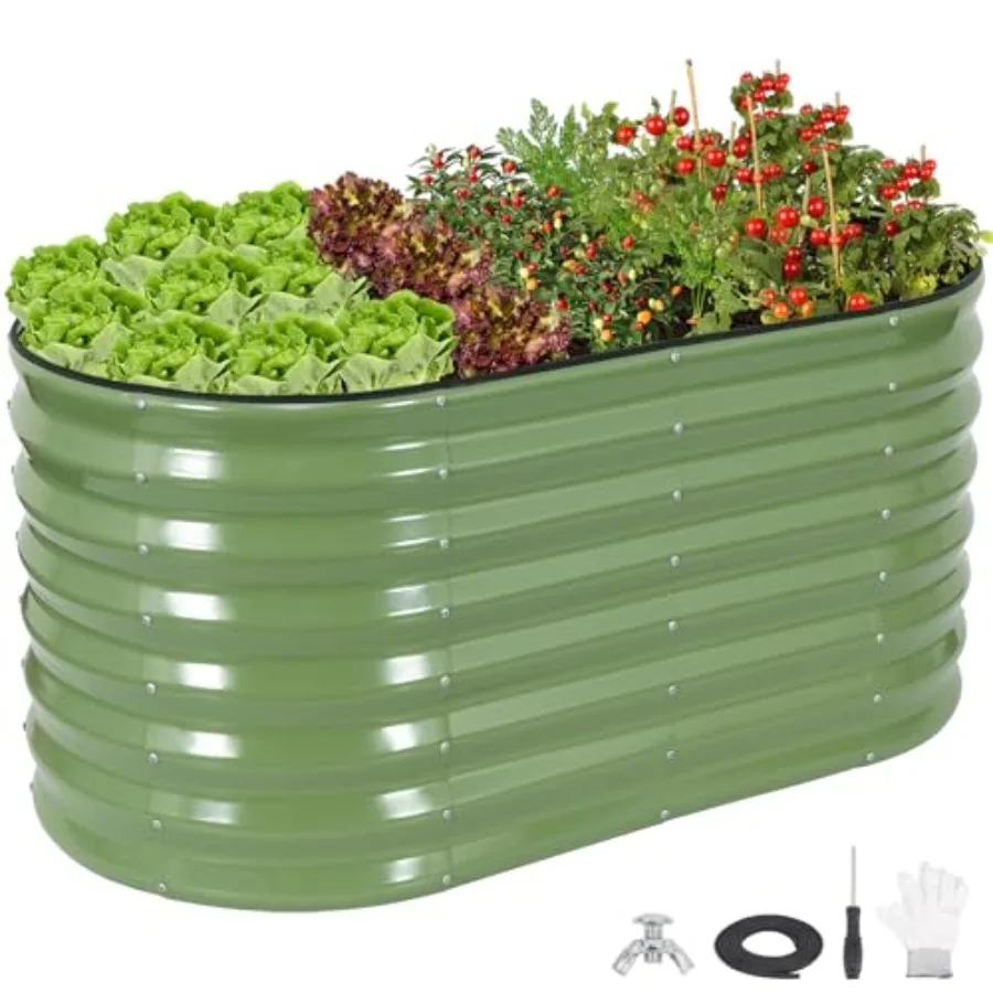 

Высокая оцинкованная грядка для сада 24 дюйма, уличная, 4x2x2 фута, глубокая металлическая клумба с защитными бортиками и опорными стержнями, большая овальная грядка-ящик