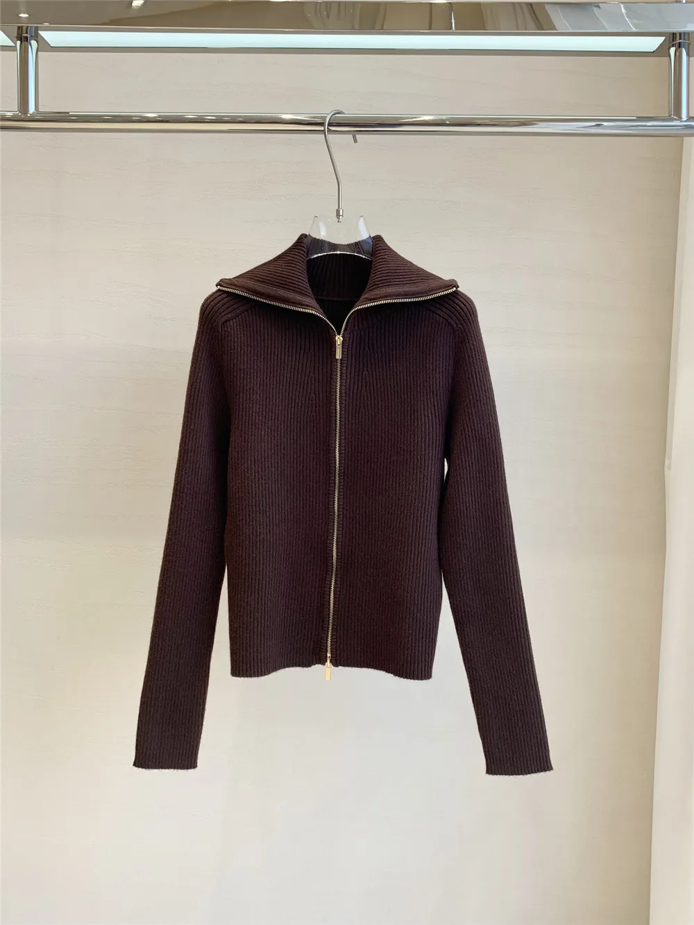 2025 nueva chaqueta cárdigan de punto de manga larga adelgazante de tubo recto con cremallera de solapa de otoño/invierno