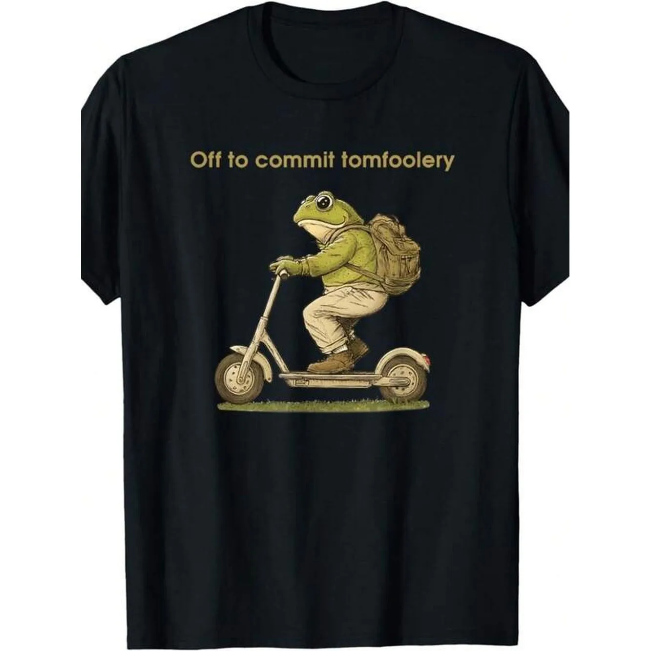 Women Whimsical Frog Riding Electric Scooter Fun Black Graphic Featuring Playful Adventure Golden Text 'Off Commit Tomfoolery' Perfect Light-Hearted