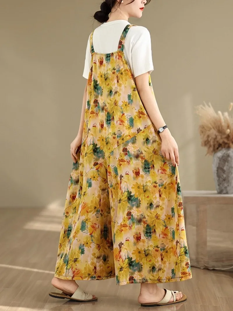 Vintage Print Loose Casual Women's Jumpsuits Summer Fashion Drap Floral Wide Leg Pants Female Hip Hop Comfortable Streetwear