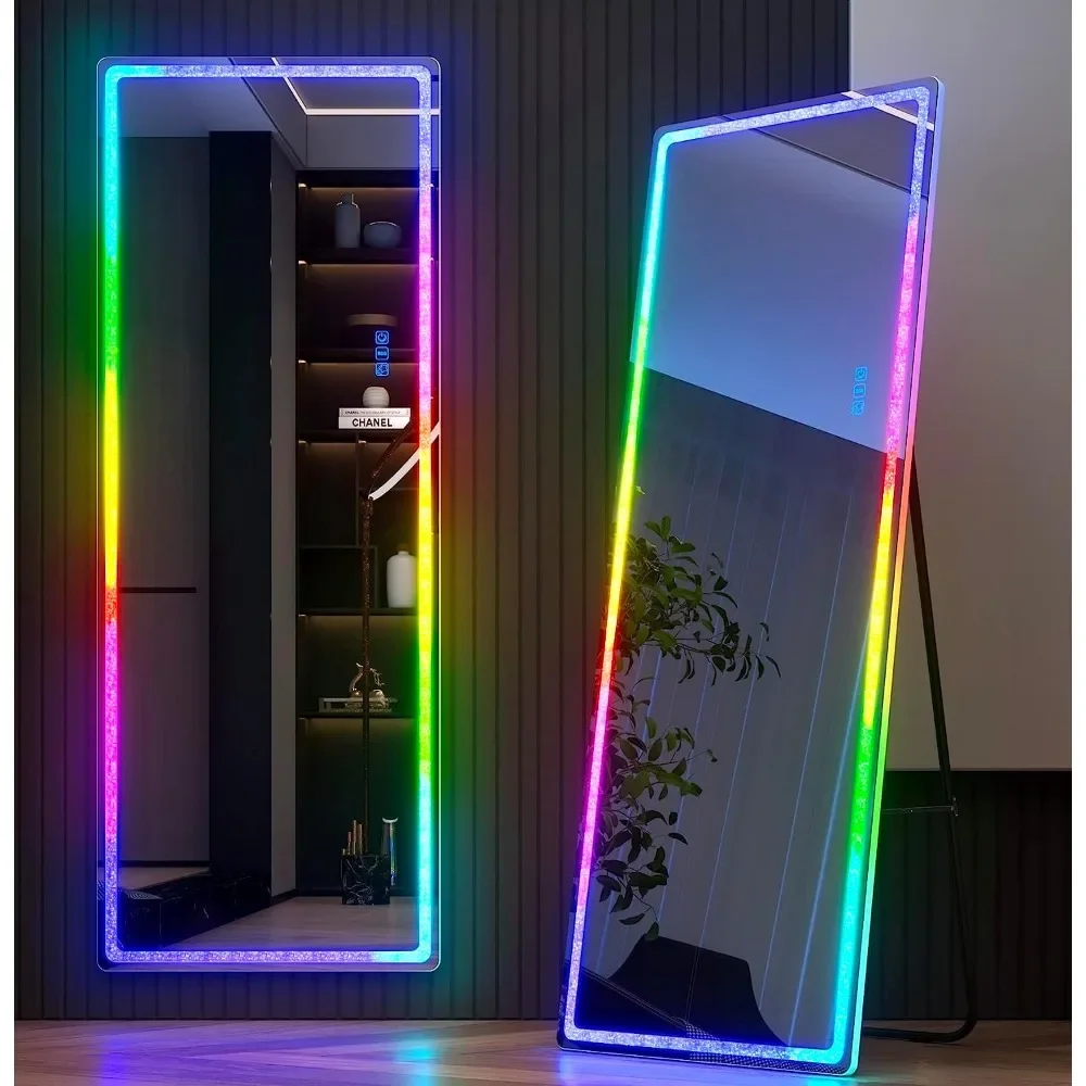 LED Lights, Full Body RGB Lighted Mirror with Crushed Diamond, Free Standing Floor Mirror, Wall Mounted Mirror, 7 Color Dimmable