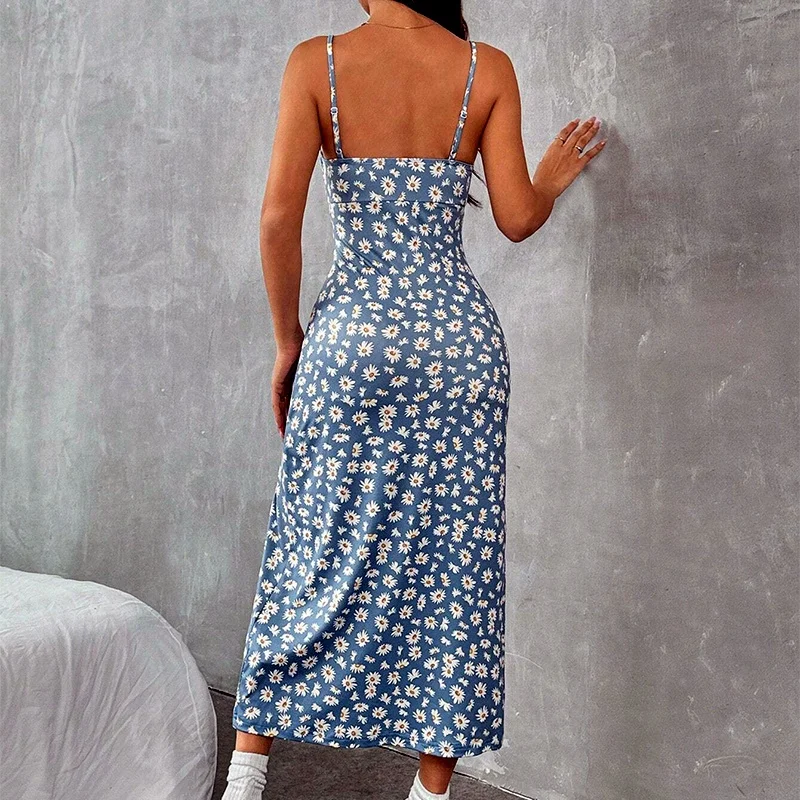 Vintage fenda deslizamento verão praia vestido casual flores impressão sem mangas vestido feminino sexy sem costas longo amarelo azul vestidos femininos