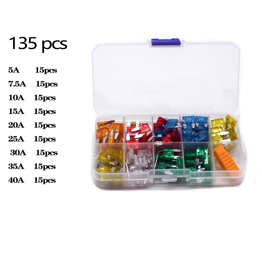 

90/180pcs box mini small car fuse sheet 5A 7.5A 10A 15A 20A 25A 30A 35A Amp with Box Clip Assortment Auto Blade Type Fuse Set T