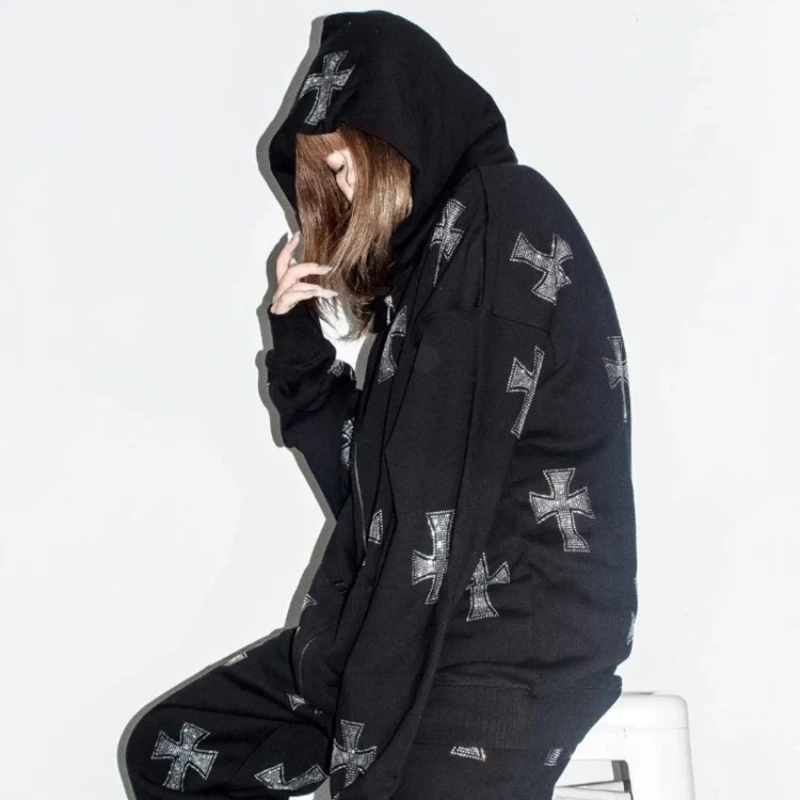 Ladies Suit Rhinestone Gothic Streetwear Long Sleeve Zip Hoodie Y2k Hip Hop Jogging Jumper Fashion Punk Sports Jacket Jumper