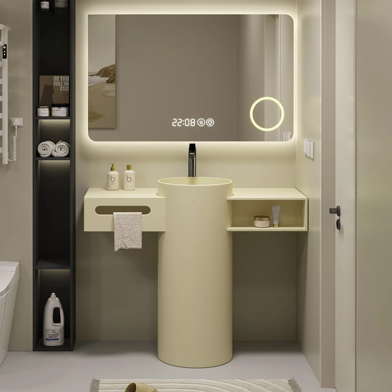 Cream-style toilet Corian artificial stone round column washbasin integrated floor-to-ceiling sink