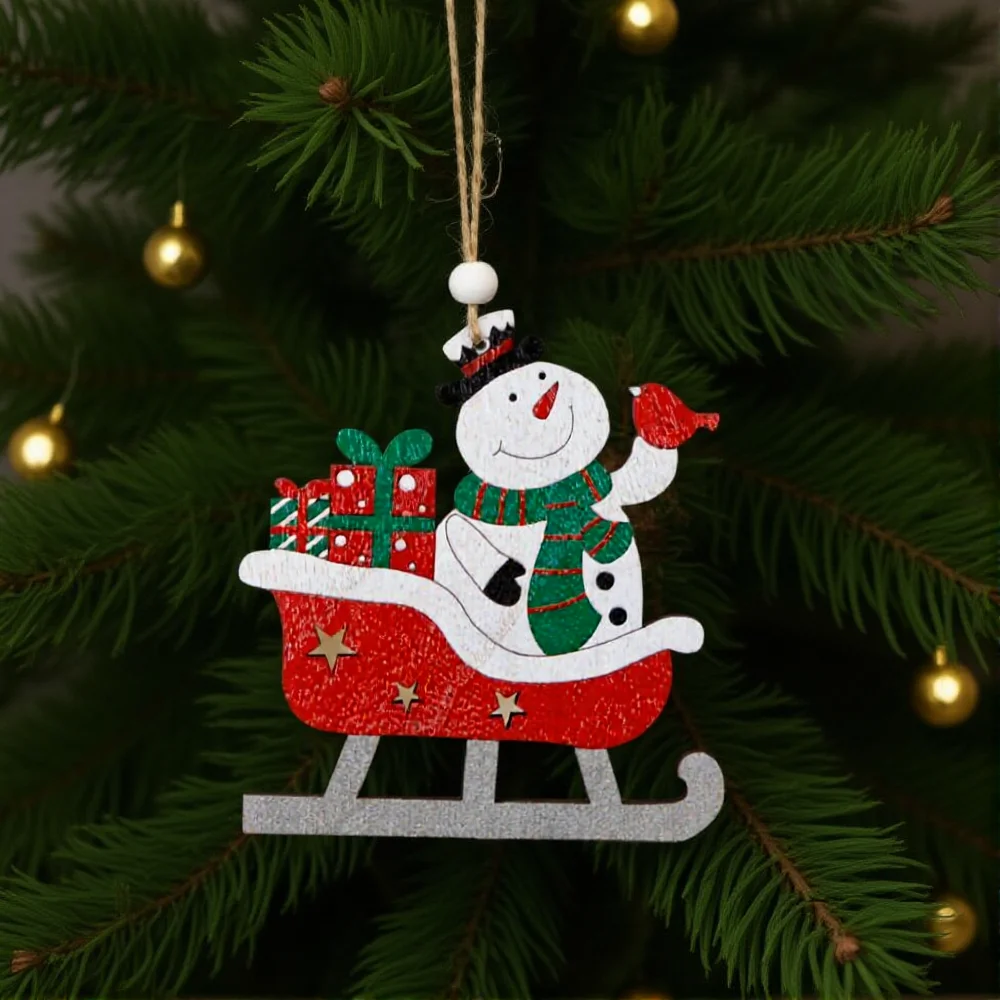 Christmas Santa Claus Sleds Snowman Wooden Pendant Xmas Tree Hanging Ornament 2025 Navidad Decoration for Home New Year Gift