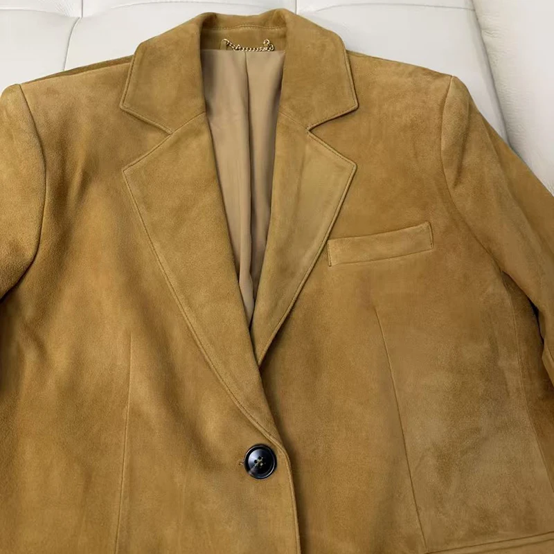 Real Suede Jacket Spring Women Old Money Style Retro Casual Long Sleeve Back Split Slim Sheepskin Suit Jacket Blazer Veste Femme
