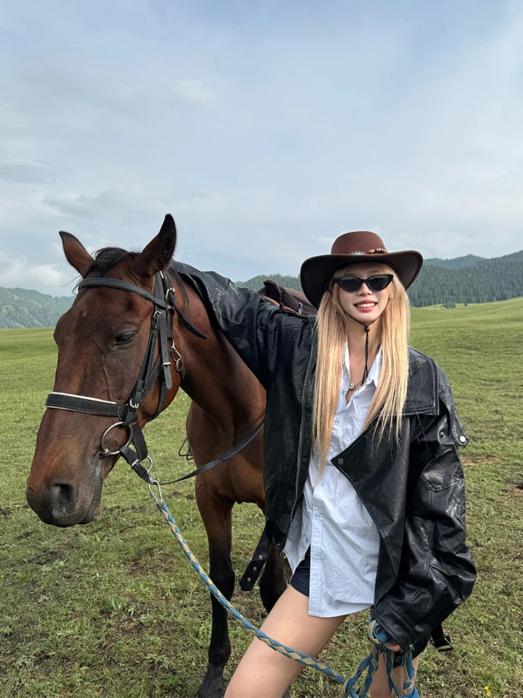 

NECOYEP, кожаный джат в американском стиле ретро с лацканами, верхняя одежда, свободный крутой байкерский сарафан для мужчин и женщин, осенняя длинная молния све