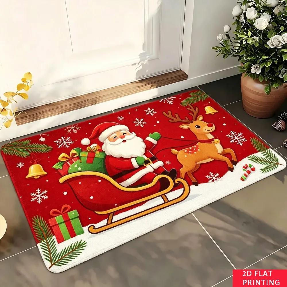 Snowman Christmas Tree Floor Mat Red Background Snowflake Gift Bell Print Non Slip Washable Rug For Winter Holiday Home Decor