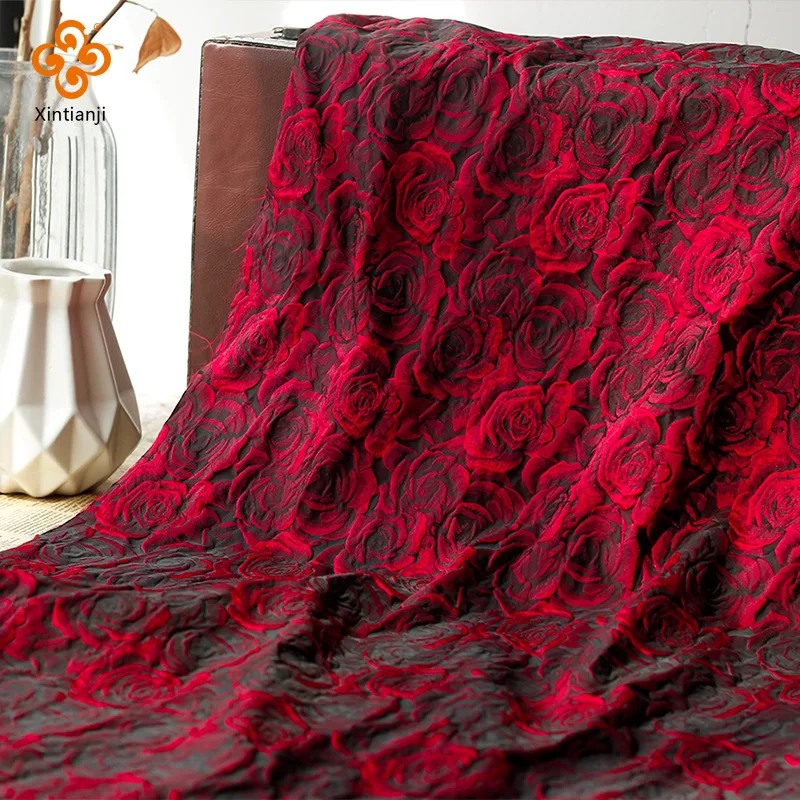 

1 Yard Embossed Dark Red 3D Rose Jacquard Fabric Black Yarn-dyed Jacquard Cloth Women's Dress Suit Bag DIY Sewing Fabric TJ7517