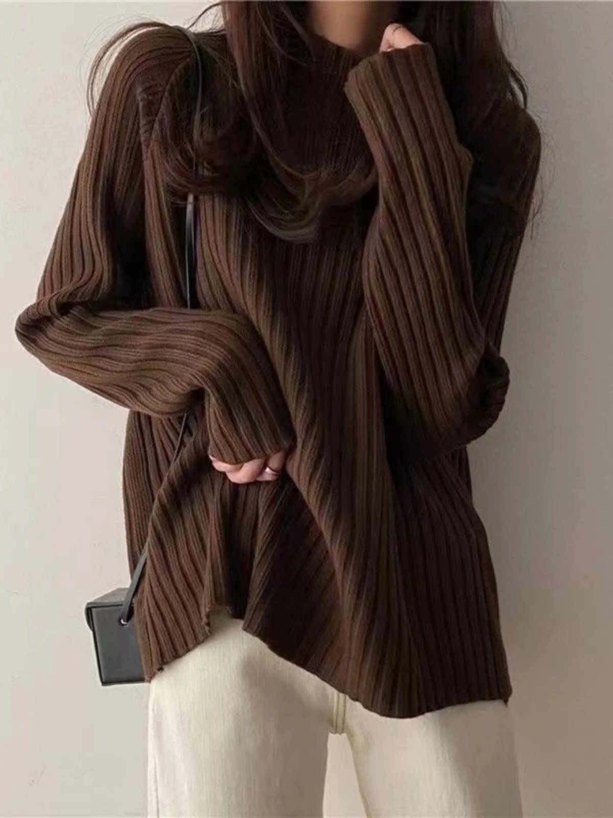 فضفاض محبوك أعلى f عالية طوق بسيط Sle Boting سترة الخريف الشتاء جديد وصول البطن تغطي الكاميرا الدافئة الناعمة