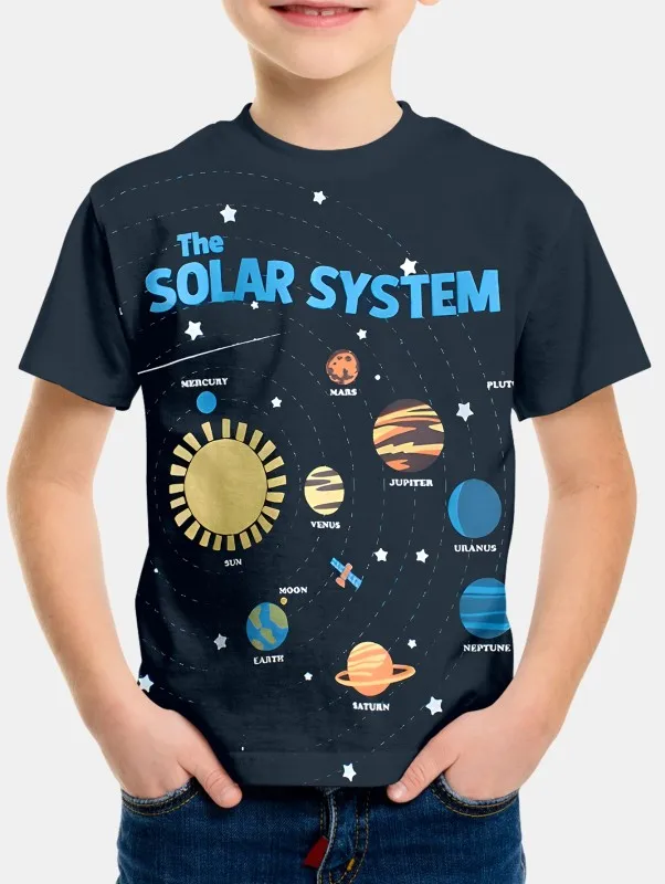 Solar System Space Galaxy Black T-Shirt For Boys Kids Clothes Children\'s Boy\'s Clothing Top Shirts Short Sleeve Tops 2024 Child