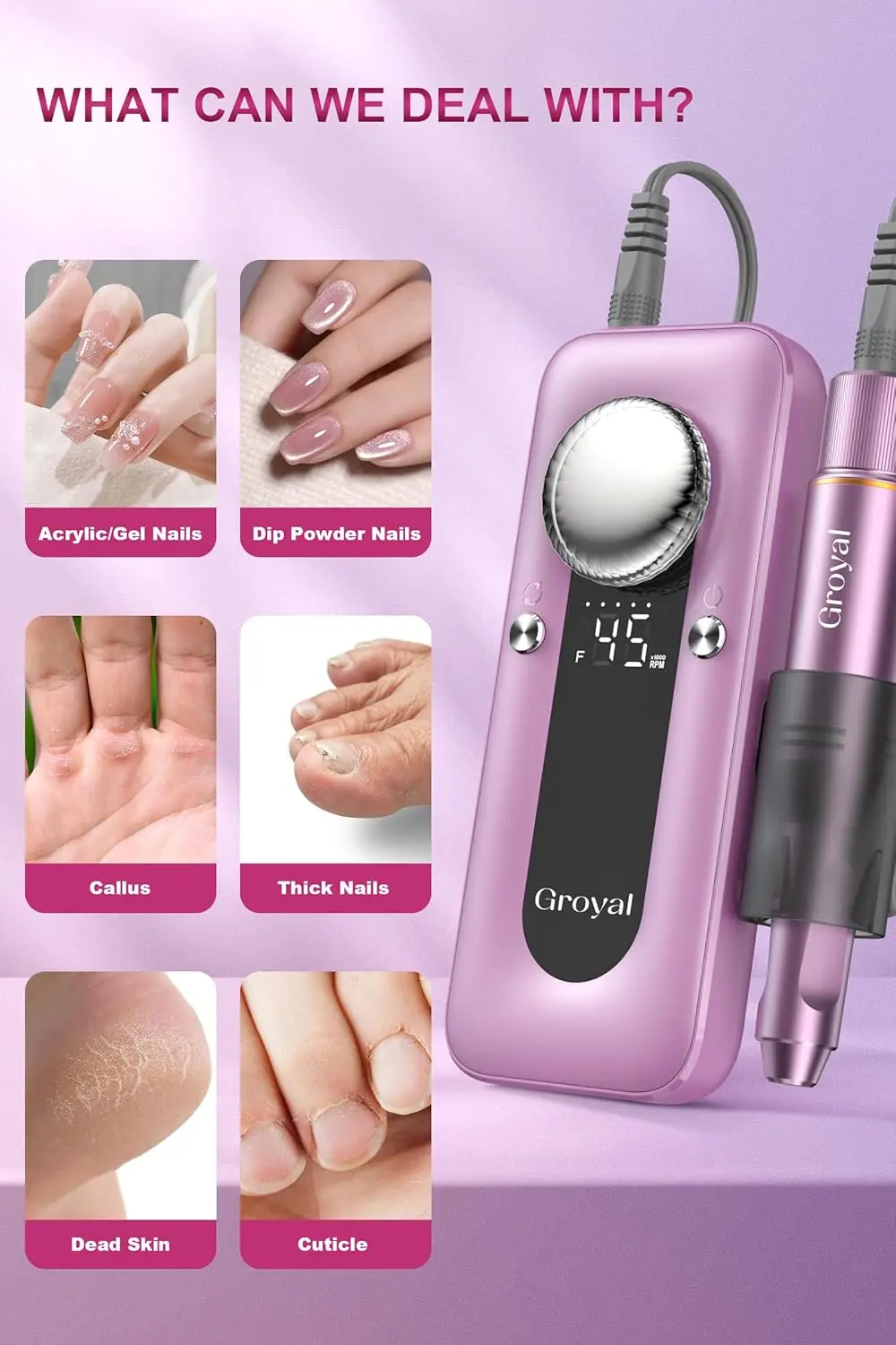 Profesjonalna bezprzewodowa elektryczna frezarka do paznokci, 45000 obr./min do paznokci żelowych akrylowych z 11-elementowym zestawem, różowa