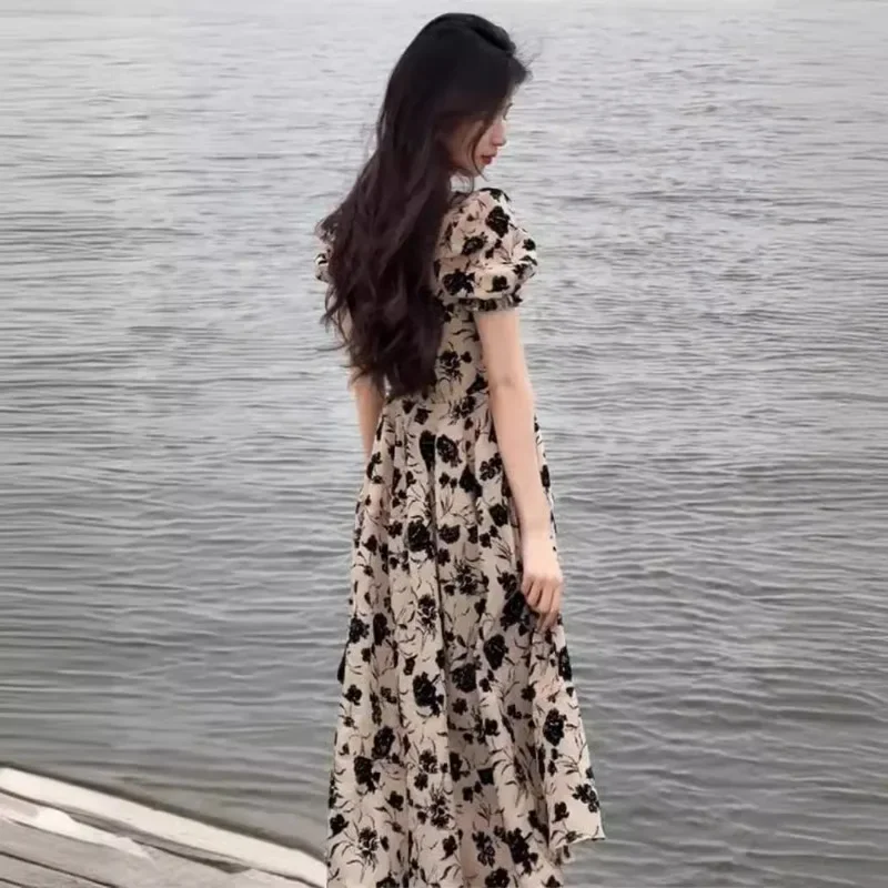 

Elegant And Slim Fit French Style High Waist Floral Printed Sensual Maxi Dress For Women