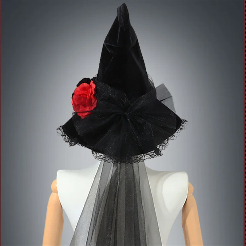 Cappello da strega a tesa larga di Halloween con berretti a punta in piuma rosa cappellini da mago Cosplay versatili per donna uomo festa in maschera