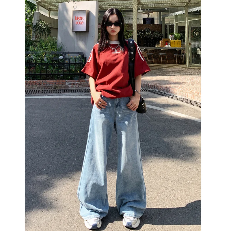 

Vintage Blue Womens Jeans High Waist Straight Baggy Denim Pants Streetwear American Fashion Female Wide Leg Denim Trouser