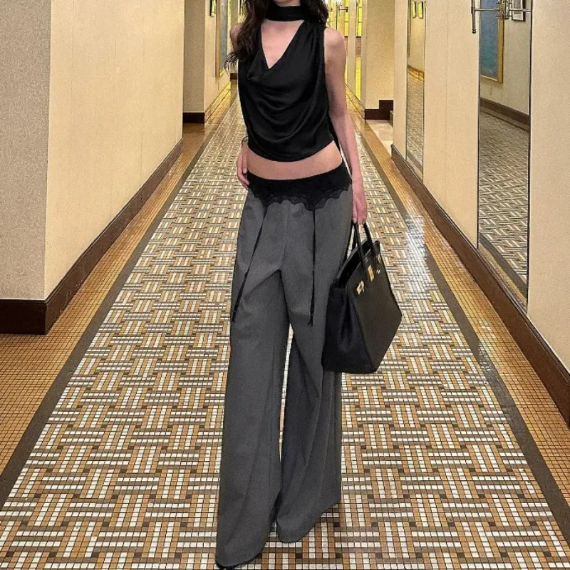 Women Grey Fashion Lace Trim Suit Pants Waist Drawstring Wide Leg Summer New Low Waist Draped Loose American Hotsweet Trousers