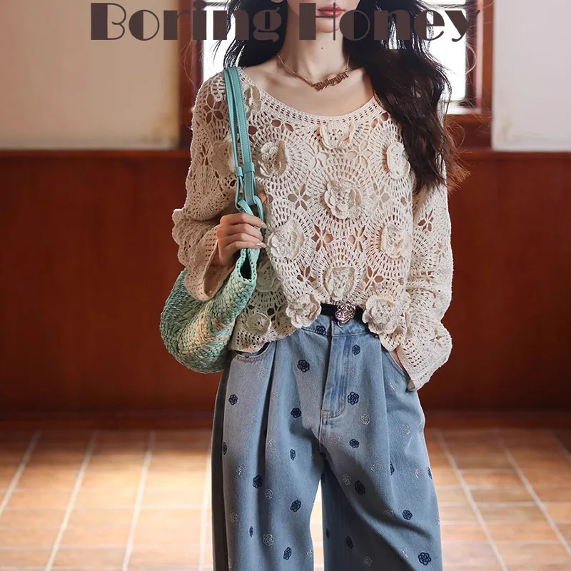 

Boring Honey New Retro Openwork Blouse With Three-Dimensional Embroidery Tassel Girl Jacquard Thin Blouse Women Pullover Sweater