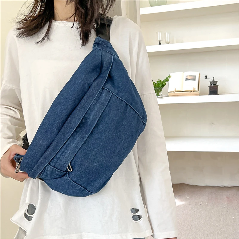 retro Denim Women Waist Bag College Style Chest Pack Casual Fanny Pack Large Capacity Unisex Shoulder Crossbody Bag and Belt Bag