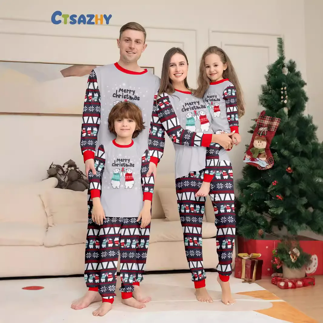 

2025 Christmas parent-child set with letter print long-sleeved pajamas, New Year family photo home wear set, and baby jumpsuit